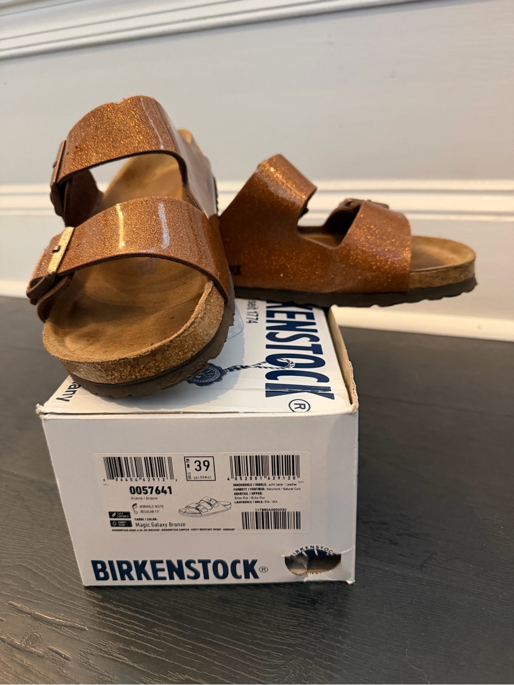 Birkenstock Arizona Women’s Sandals in Metallic Copper Sparkle 39